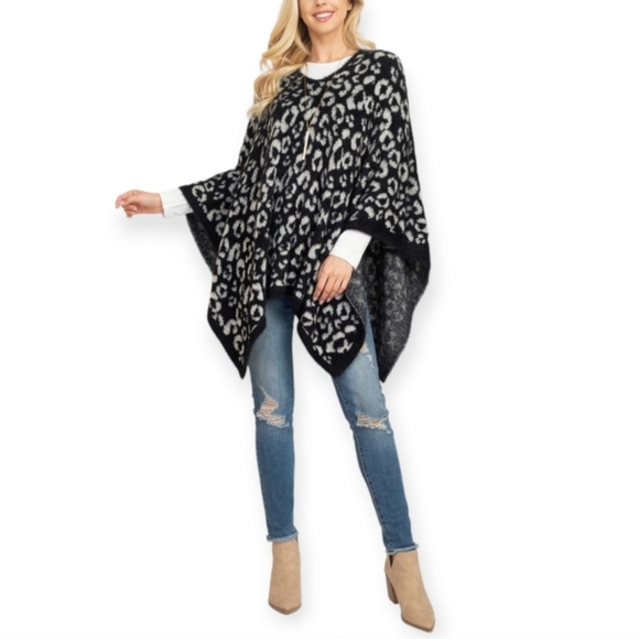 Leopard Print Poncho Sweater - Picture 1 of 13